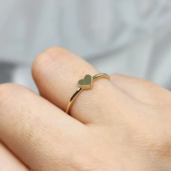 Taşsız Kalp Altın Yüzük - 14 Ayar Altın Minimal Kalp Yüzük - Harf Yazılabilir 14 Ayar Altın Yüzük - 17