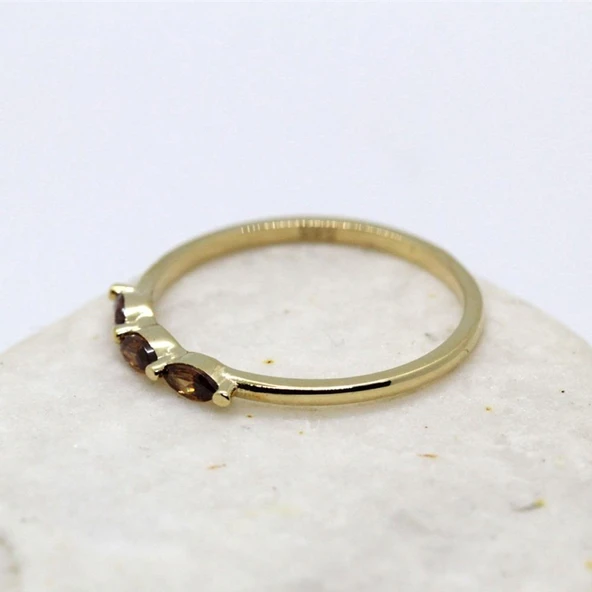 Tria Altın Yüzük - 14 Ayar Altın Tria Mekik Smoky Quartz Taşlı Minimal Kadın Yüzük - Eşe Hediyelik - Resim 4