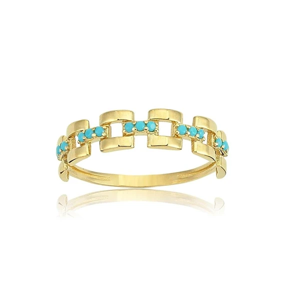 Yarım Tur Altın Yüzük - 14 Ayar Altın Kare Zincir Turkuaz Taşlı Minimal Yarım Tur Yüzük - Resim 12