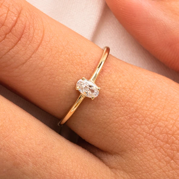 Tektaş Altın Yüzük - 14 Ayar Altın Oval Taşlı Minimal Tek Taş Altın Yüzük - Eşe, Sevgiliye Yüzük - 8