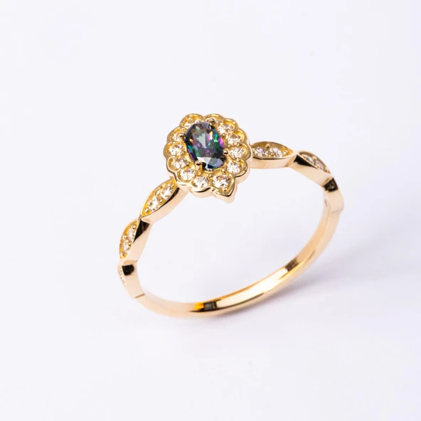 Altın Yüzük - 14 Ayar Altın Oval Mistik Topaz Taşlı Kadın Yüzük - Hediyelik Altın Yüzük - Resim 9