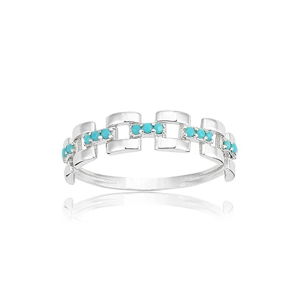 Yarım Tur Altın Yüzük - 14 Ayar Altın Kare Zincir Turkuaz Taşlı Minimal Yarım Tur Yüzük - Resim 10