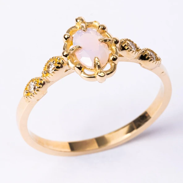 Altın Yüzük - Pembe Kuvars Taşlı Gelin Başı Tektaş 14 Ayar Altın Evlilik Teklifi Yüzüğü - Resim 2