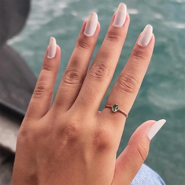 Tektaş Altın Yüzük - 14 Ayar Altın 0.60 Karat Su Yeşili Taşlı Tek Taş Evlilik Teklifi Yüzüğü - 4