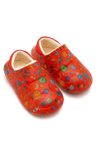 Peluş İçi Yünlü Kışlık Panduf Kırmızı Gezegen Desenli Çocuk Ev Terliği - Resim 2