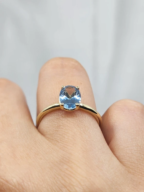 Tektaş Altın Yüzük - Oval Taşlı 14 Ayar Altın Yüzük - Topaz Taşlı Altın Yüzük - 6