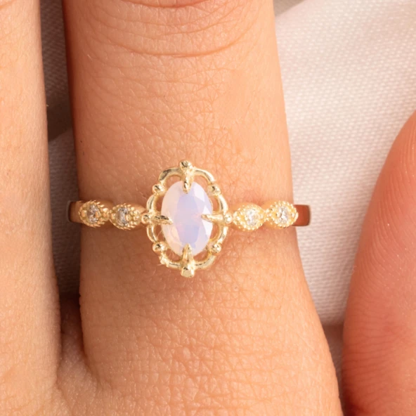 Altın Yüzük - Pembe Kuvars Taşlı Gelin Başı Tektaş 14 Ayar Altın Evlilik Teklifi Yüzüğü - Resim 8