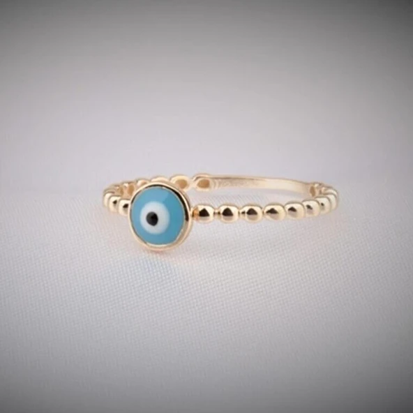 Minimal Altın Yüzük- 14 Ayar Altın Güverseli Nazar Boncuğu Turkuaz Mineli Minimal Kadın Yüzük - 7