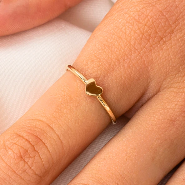 Taşsız Kalp Altın Yüzük - 14 Ayar Altın Minimal Kalp Yüzük - Harf Yazılabilir 14 Ayar Altın Yüzük