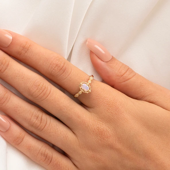 Altın Yüzük - Pembe Kuvars Taşlı Gelin Başı Tektaş 14 Ayar Altın Evlilik Teklifi Yüzüğü - Resim 5