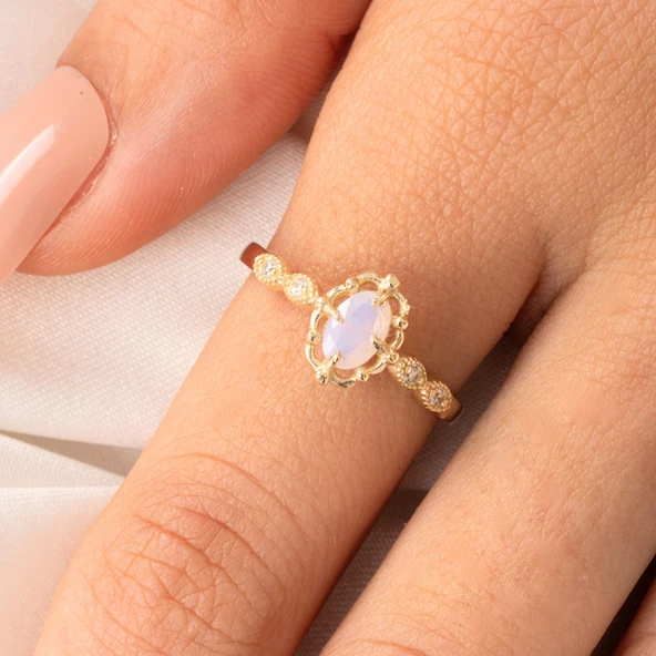 Altın Yüzük - Pembe Kuvars Taşlı Gelin Başı Tektaş 14 Ayar Altın Evlilik Teklifi Yüzüğü - Resim 3