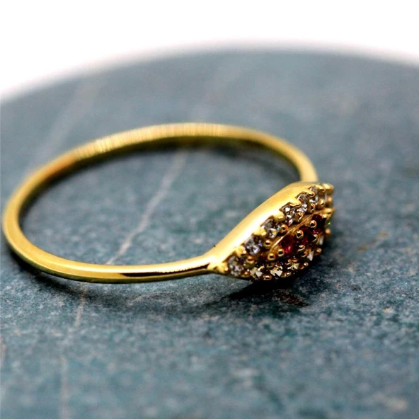 Minimal Altın Yüzük - 14 Ayar Altın Mekik Göz Yakut Taşlı Minimal Kadın Yüzük - Sevgiliye Yüzük - 6