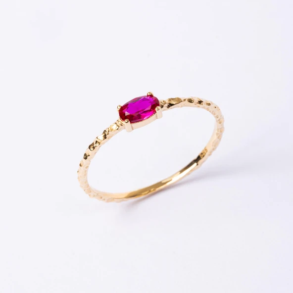 Minimal Altın Yüzük - 14 Ayar Altın Ruby Taşlı Eskitme Minimal Tektaş Evlilik Teklifi Yüzüğü - Resim 4