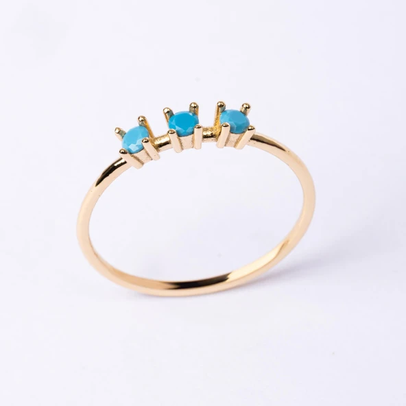 Tria Altın Yüzük - 14 Ayar Altın Turkuaz Tria Taşlı Yüzük - Hediyelik, Doğum Günü Hediyesi Yüzük - Resim 8