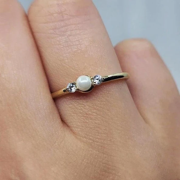 İnci Altın Yüzük - 14 Ayar Altın İnci Minimal Yüzük - Hediyelik, Minimal, Anneler Günü Hediyesi - Resim 5