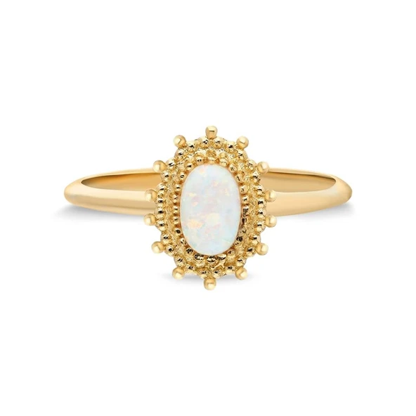 Tektaş Altın Yüzük - 14 Ayar Altın Oval Çiçek Desenli Opal Taşlı Minimal Tek Taş Yüzük - Eşe Yüzük - 8
