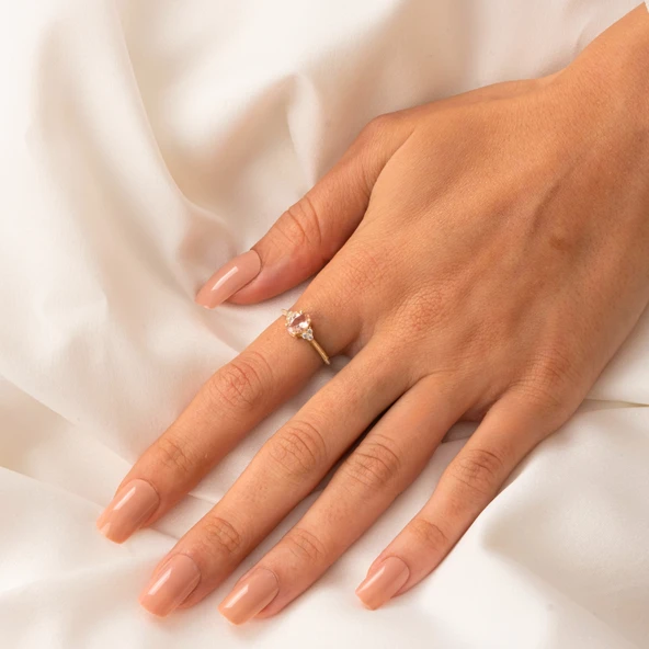 Evlilik Teklifi Altın Yüzük - 14 Ayar Altın Oval Kesim Pembe Safir Tektaş Evlilik Tekliği Yüzüğü - 4