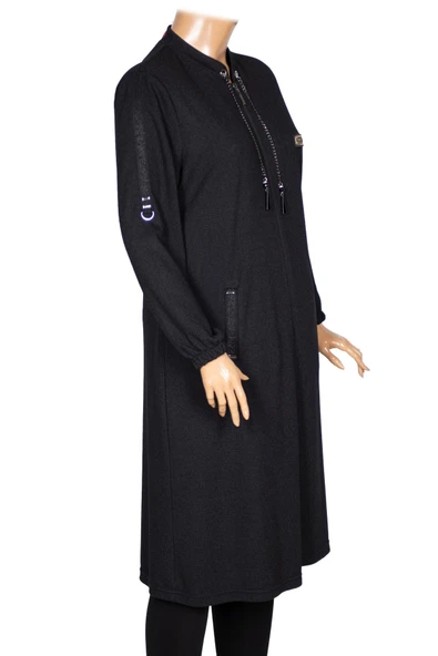 Hesna Kadın Zeren Büyük Beden Baharlık Fermuarlı Siyah Kap Ceket - Resim 4