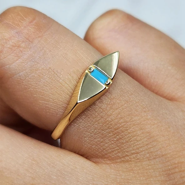 Baget Altın Yüzük - 14 Ayar Altın Mekik Tasarım Turkuaz Baget Taşlı Tektaş Yüzük - 2