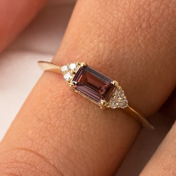 Altın Yüzük - 14 Ayar Altın Zümrüt Kesim Smoky Taşlı Minimal Yüzük - Eşe, Sevgiliye Hediye Yüzük - 3