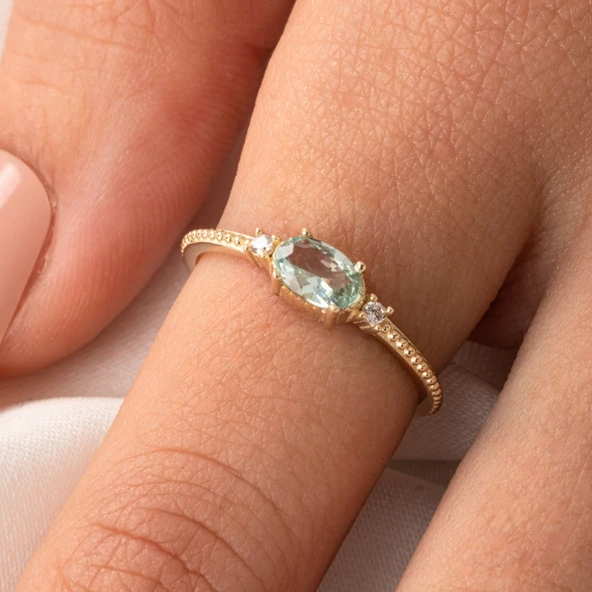 Tria Altın Yüzük - 14 Ayar Altın Oval Topaz Taşlı Yüzük - Hediyelik, Anneler Gününe Özel Yüzük - Resim 8