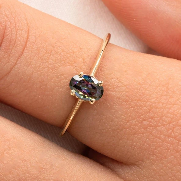 Tektaş Altın Yüzük - 14 Ayar Altın 0.90 Karat Oval Mistik Topaz Taşlı Yüzük - Tek Taş Altın Yüzük - 2