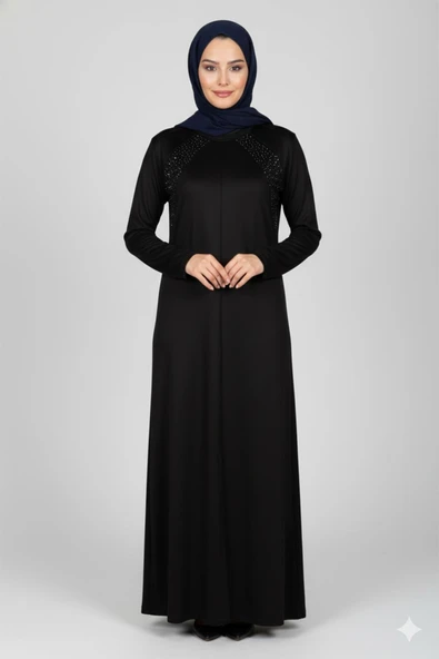 Elele Kadın Alice Büyük Beden Nervürlü Taşlı Boydan Siyah Elbise ürün görseli