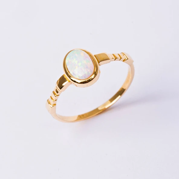Tektaş Altın Yüzük - 14 Ayar Altın Oval Opal Taşlı Tek Taş Yüzük - Anneler Gününe Hediye Yüzük - 4