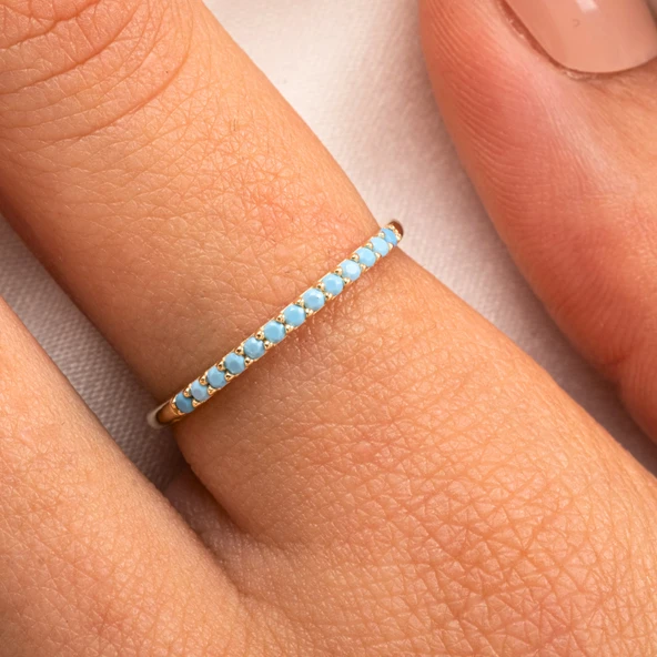 Turkuaz Taşlı Yarım Tur 14K Altın Yüzük - Yarım Tur Pırlanta Montörü Alyans - Nişan Yüzüğü - 9