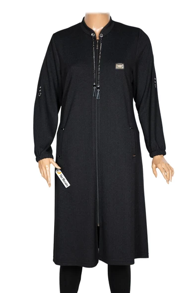 Hesna Kadın Zeren Büyük Beden Baharlık Fermuarlı Siyah Kap Ceket - Resim 2