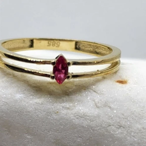 Tektaş Altın Yüzük - 14 Ayar Altın Markiz 0.30 Karat Yakut Taşlı Minimal Tek Taş Kadın Yüzük - 3