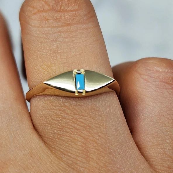 Baget Altın Yüzük - 14 Ayar Altın Mekik Tasarım Turkuaz Baget Taşlı Tektaş Yüzük - 8
