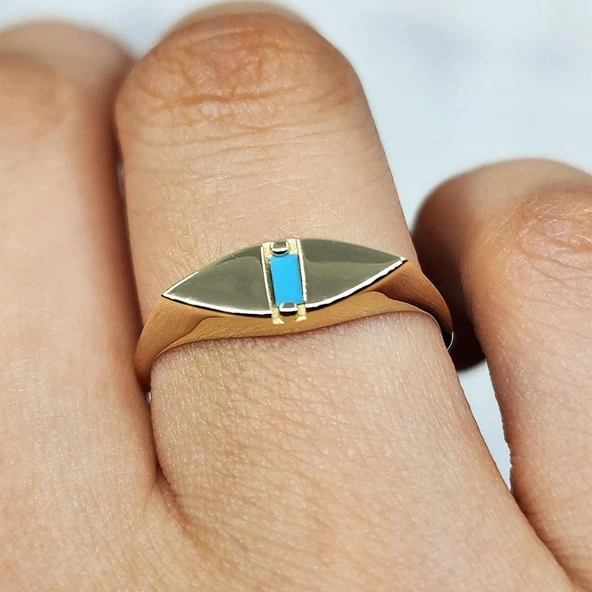 Baget Altın Yüzük - 14 Ayar Altın Mekik Tasarım Turkuaz Baget Taşlı Tektaş Yüzük - 9