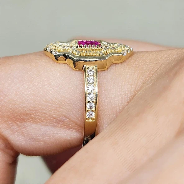 Baget Altın Yüzük - 14 Ayar Altın Baget Ruby Taşlı Kadın Yüzük - Anneler Gününe Özel Altın Yüzük - 8