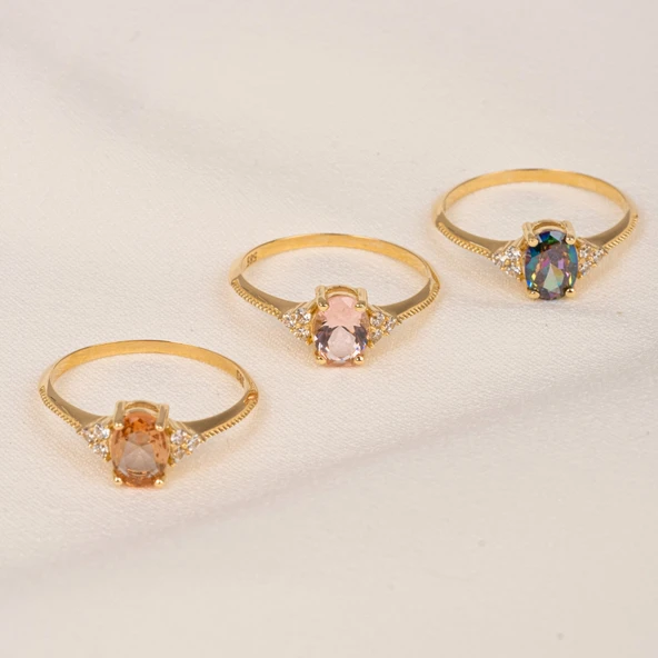 Evlilik Teklifi Altın Yüzük - 14 Ayar Altın Oval Kesim Pembe Safir Tektaş Evlilik Tekliği Yüzüğü - 5