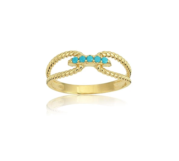 Burgu Altın Yüzük - 14 Ayar Altın Burma Sıralı Turkuaz Taşlı Kadın Yüzük - Eşe, Seviliye Yüzük - 2
