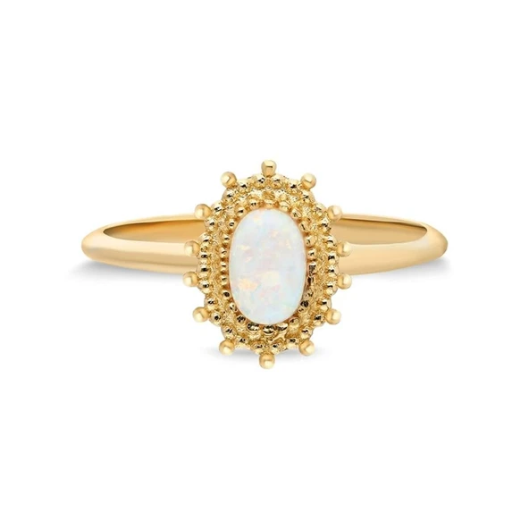 Tektaş Altın Yüzük - 14 Ayar Altın Oval Çiçek Desenli Opal Taşlı Minimal Tek Taş Yüzük - Eşe Yüzük - 4