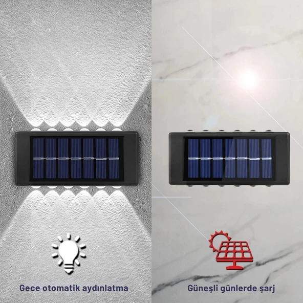 ShopyTech 12 LED Güneş Enerjili Çift Yönlü Duvar Lambası IP65 Otomatik Gece Aydınlatma Kablolamasız Montaj - Resim 6