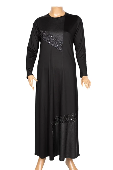 Missbah Kadın Aysın Büyük Beden Kristal Kumaş Payetli Siyah Elbise - Resim 3