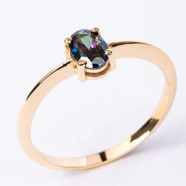 Tektaş Altın Yüzük - 14 Ayar Altın 0.90 Karat Oval Mistik Topaz Taşlı Yüzük - Tek Taş Altın Yüzük - 5
