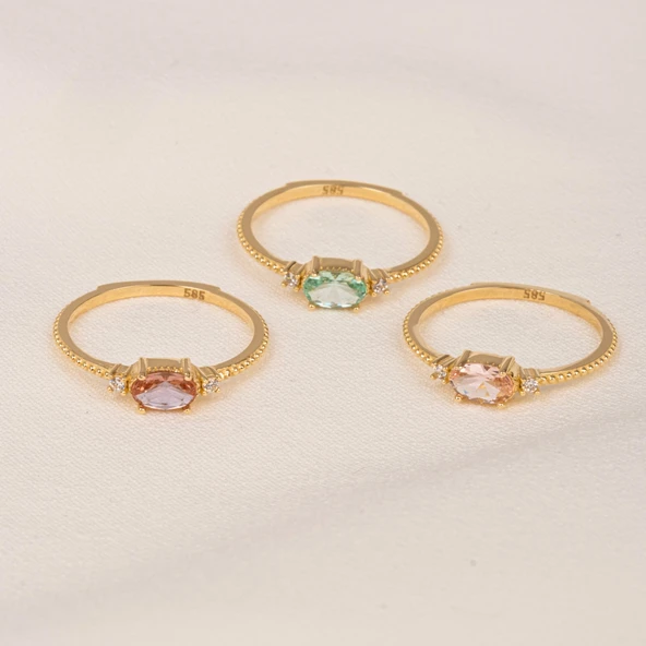 Tria Altın Yüzük - 14 Ayar Altın Oval Topaz Taşlı Yüzük - Hediyelik, Anneler Gününe Özel Yüzük - Resim 7