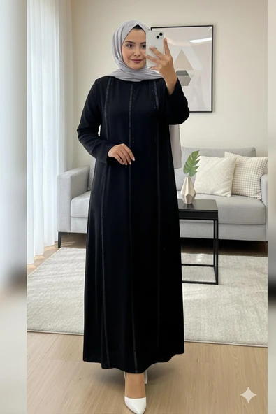 Elele Kadın Livia Büyük Beden Nervürlü Boydan Siyah Elbise ürün görseli 1