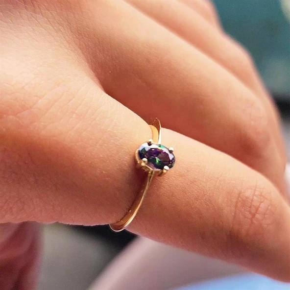 Tektaş Altın Yüzük - 14 Ayar Altın 0.90 Karat Oval Mistik Topaz Taşlı Yüzük - Tek Taş Altın Yüzük - 6