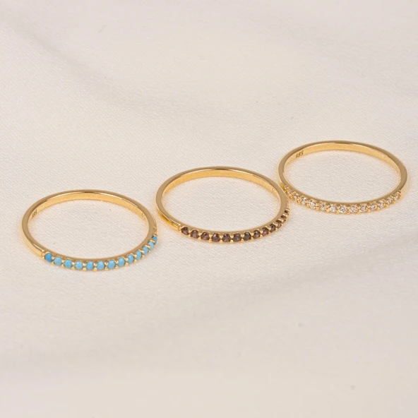 Turkuaz Taşlı Yarım Tur 14K Altın Yüzük - Yarım Tur Pırlanta Montörü Alyans - Nişan Yüzüğü - 4