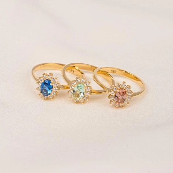 14 Ayar Altın Yüzük - Zultanit (Renk Değiltiren) Taşlı Anturajlı Evlilik Teklifi Yüzüğü - Kadın - 5