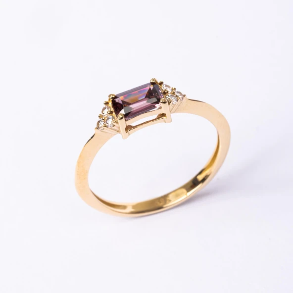 Altın Yüzük - 14 Ayar Altın Zümrüt Kesim Smoky Taşlı Minimal Yüzük - Eşe, Sevgiliye Hediye Yüzük - 2