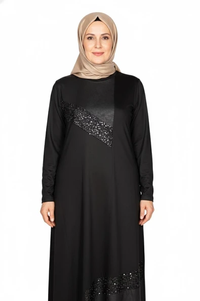 Missbah Kadın Aysın Büyük Beden Kristal Kumaş Payetli Siyah Elbise - Resim 2