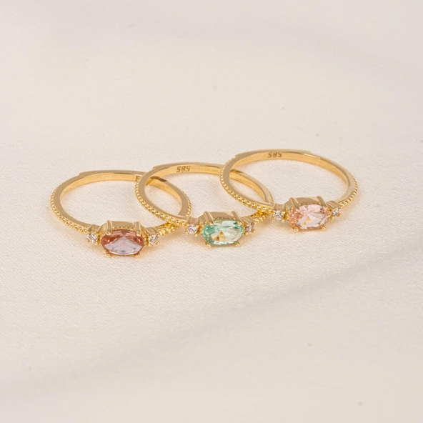 Tria Altın Yüzük - 14 Ayar Altın Oval Topaz Taşlı Yüzük - Hediyelik, Anneler Gününe Özel Yüzük - Resim 6