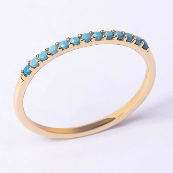 Turkuaz Taşlı Yarım Tur 14K Altın Yüzük - Yarım Tur Pırlanta Montörü Alyans - Nişan Yüzüğü - 7