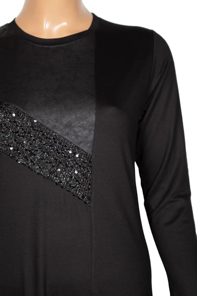 Missbah Kadın Aysın Büyük Beden Kristal Kumaş Payetli Siyah Elbise - Resim 4